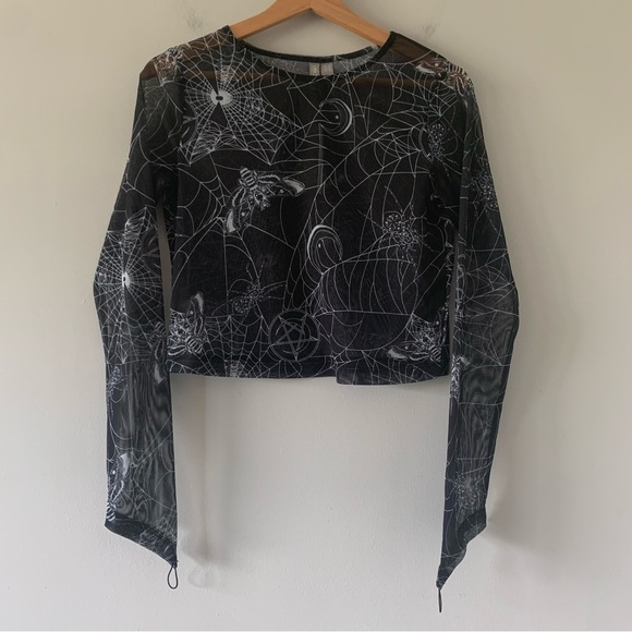ASOS Top Black Sheer Cropped Long Sleeve Spider Web Moth Print Gothic Trad Goth - Picture 1 of 14
